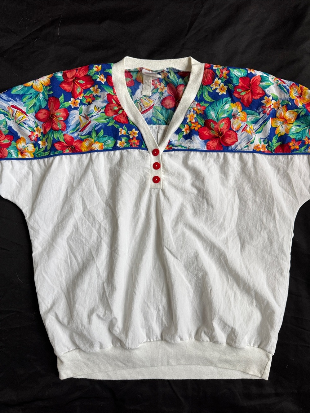 80s Boat Cruise White Women's Floral Yoke Top with Red Accents